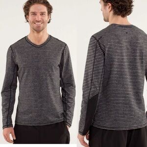 Lululemon Speed Long Sleeve Shirt In Classic Stripe Heathered Black / Black Gray